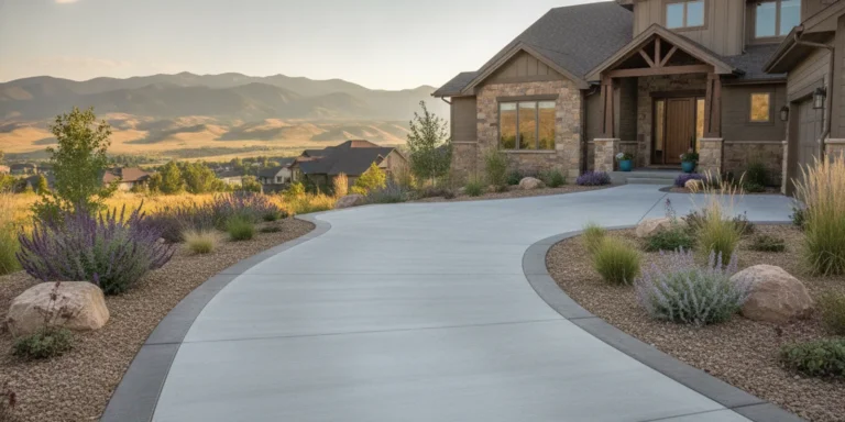 Concrete driveway with a clean border and landscaped Denver home frontage