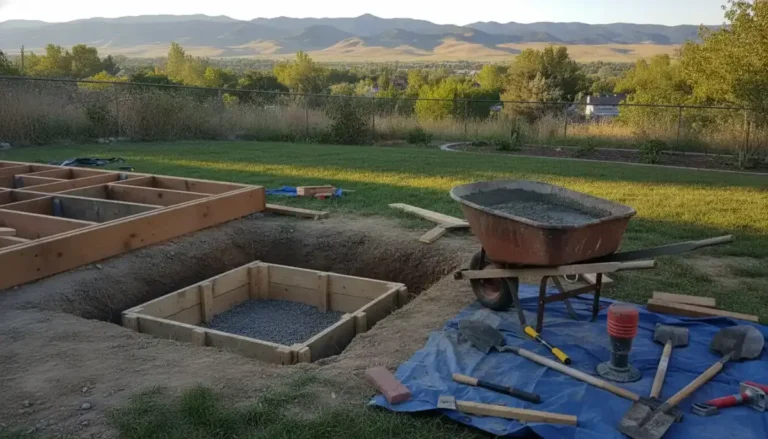 Concrete footing form with a gravel base beside a deck frame in a Denver Metro backyard