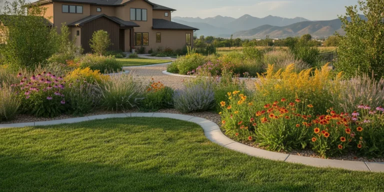 Curved concrete landscape edging separating a lawn from a planted garden bed in a Denver-area yard