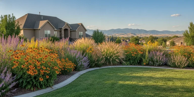 Concrete landscape edging bordering a planted Denver-area garden bed