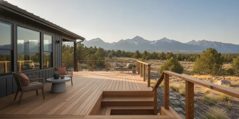 A finished backyard deck with sturdy railings and steps beside a Denver Metro Area home