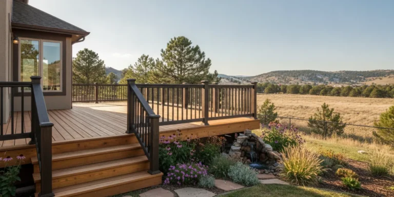A finished backyard deck with a dining area, railing, and steps leading to a landscaped yard