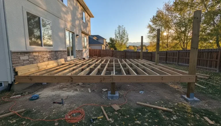 Wood deck frame with posts, beams, and joists beside a Denver Metro house
