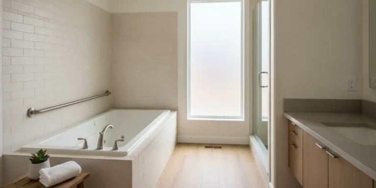 A bright, updated bathroom with a built-in jetted tub and carefully planned tile surround.
