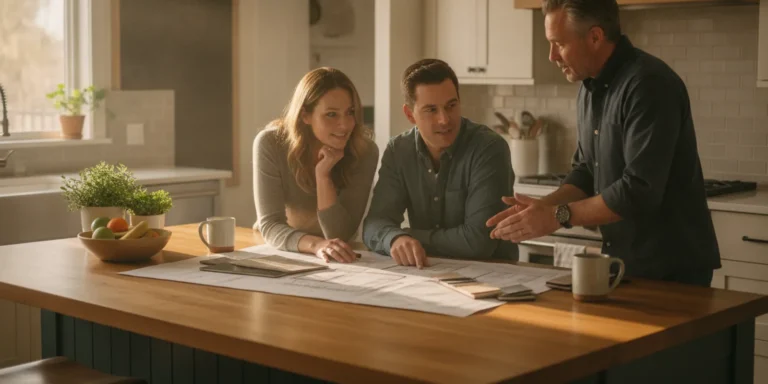 Homeowners reviewing kitchen plans with a contractor at a bright kitchen island