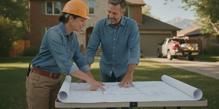 Homeowner and contractor reviewing outdoor construction plans at a Lakewood home