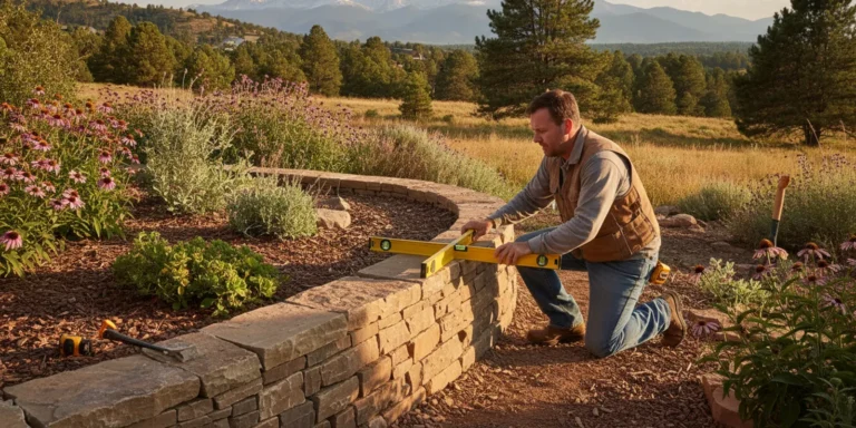 A Denver-area retaining wall being inspected beside a landscaped yard