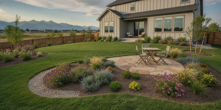 A thoughtfully planned yard with a stone patio, planting beds, lawn, and clear drainage path