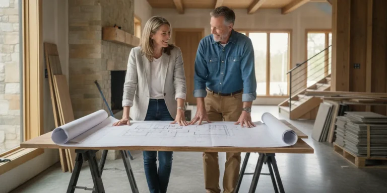 Craftspeople review detailed plans at a high-end home construction site