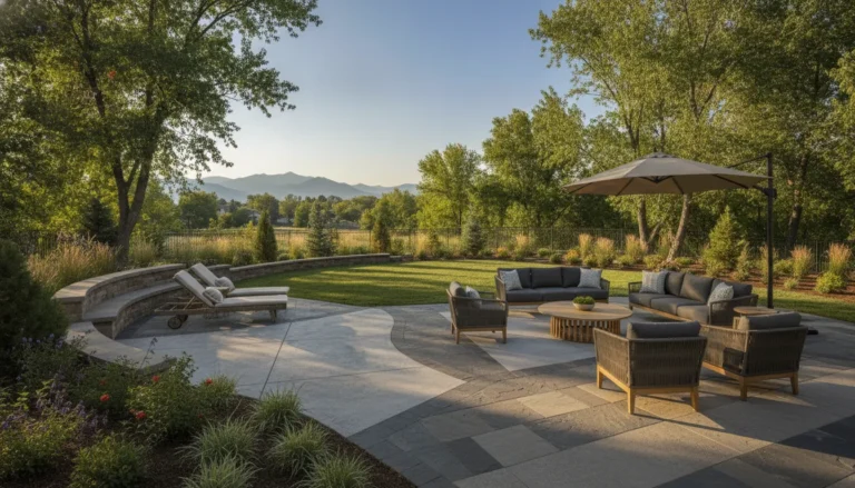 Littleton patio with concrete and paver areas, outdoor furniture, and landscaped Denver Metro yard