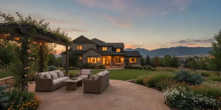 A finished backyard patio with a stone surface, seating, and planted borders in a Denver Metro Area home