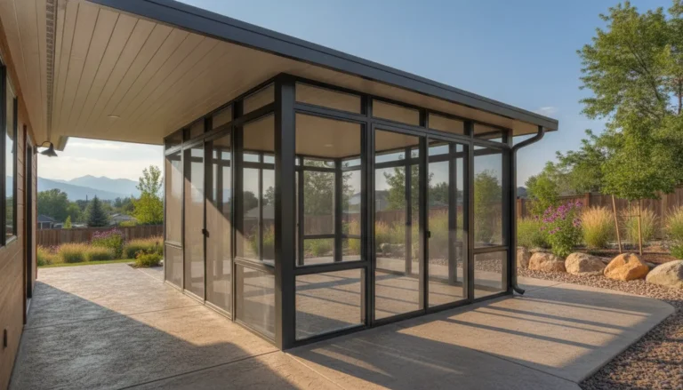 Screened patio enclosure with glass panels on a concrete patio beside a Denver Metro home
