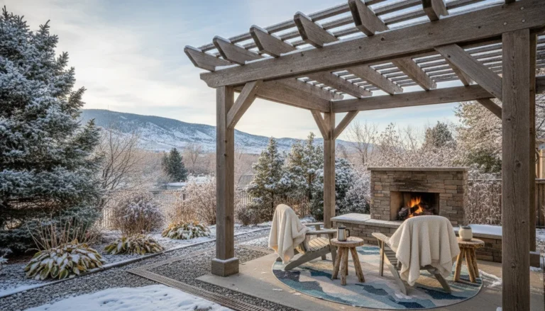 Snow-dusted pergola with sturdy posts and a clear drainage path in a Denver Metro Area backyard