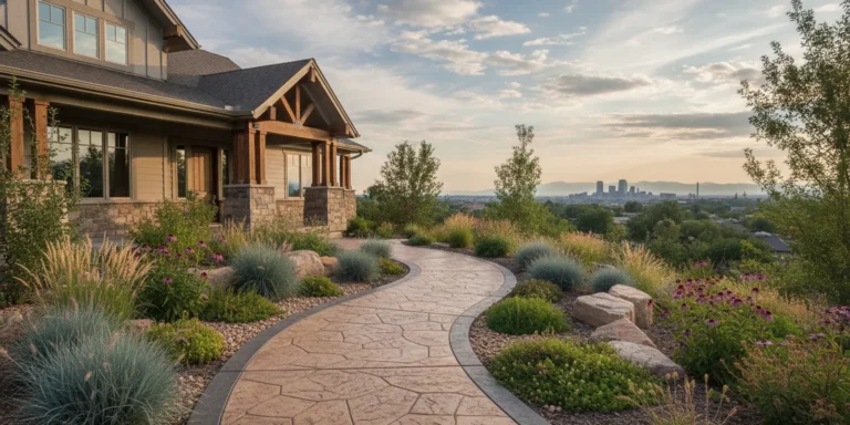 Stamped concrete walkway with a stone pattern and defined border leading through a landscaped Denver Metro Area yard