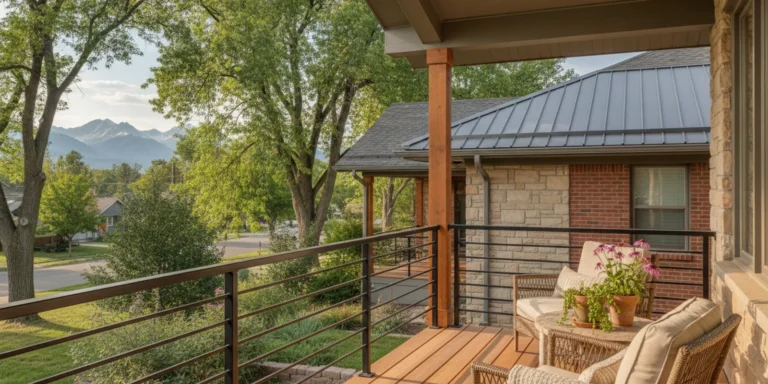 A welcoming, simply designed porch with sturdy posts, comfortable seating, and a view of a landscaped yard.