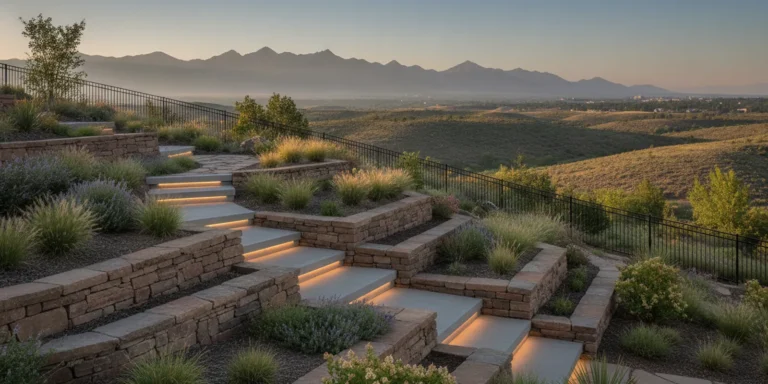 Concrete and stone retaining walls shaping a sloped Denver Metro backyard