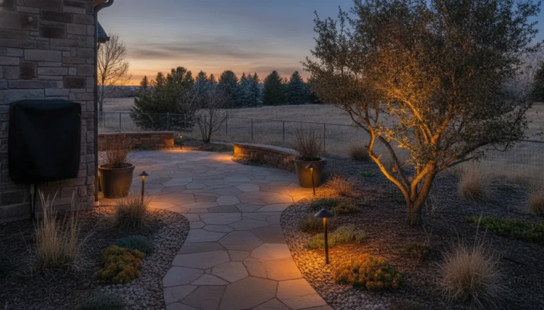 Volt landscape lighting along a Denver Metro patio walkway at dusk, with a covered transformer on the house wall